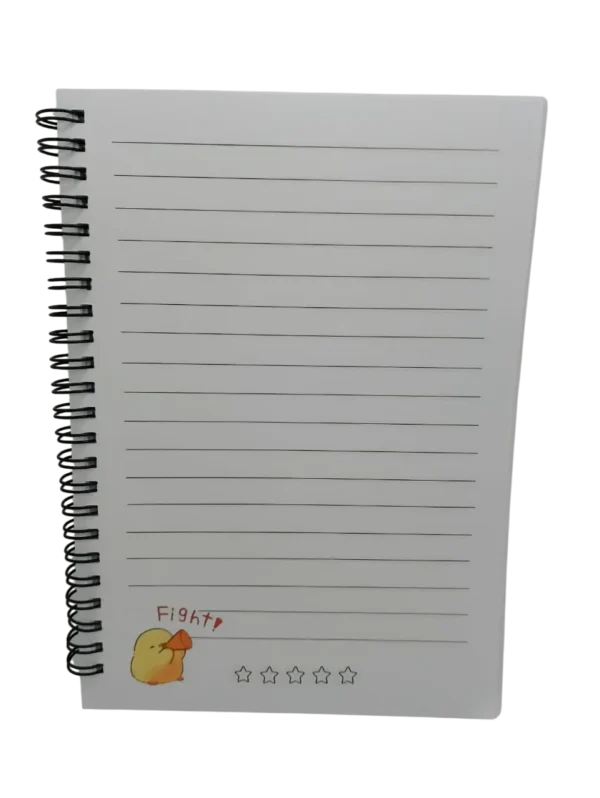 Page de bloc-notes lignée avec petit dessin de poussin motivant en bas de page et étoiles de notation.